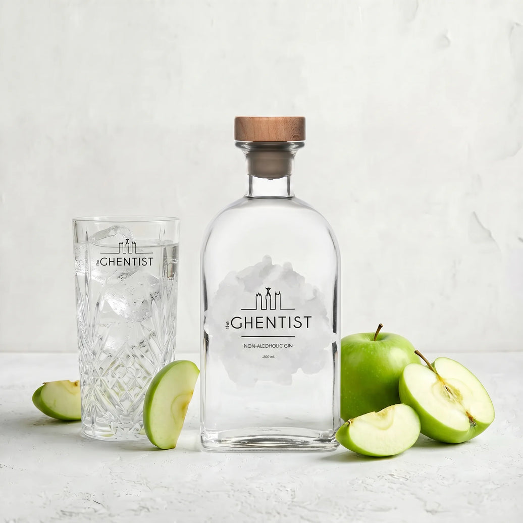 The Ghentist Non-Alcoholic Gin — bottle with filled glass and green apple