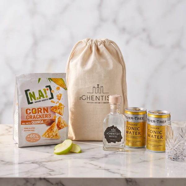 Apéro Box Gin & Crack — linnen zak met The Ghentist gin, tonic en corn crackers
