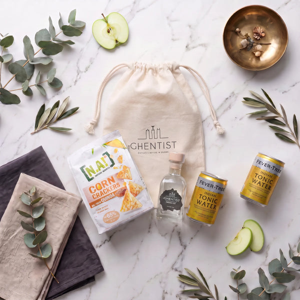 Apéro Box Gin & Crack van bovenaf — The Ghentist gin, tonic en corn crackers