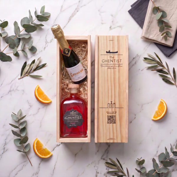 The Ghentist Cadeaubox Spritz: houten geschenkkist met The Ghentist Spritz en een flesje cava