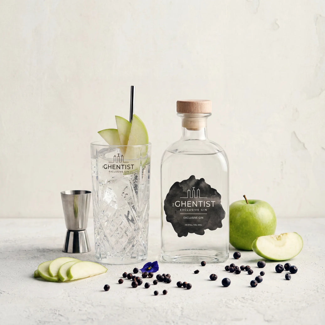 The Ghentist Floral Gin — bottle with gin and tonic, jigger, green apple and juniper berries