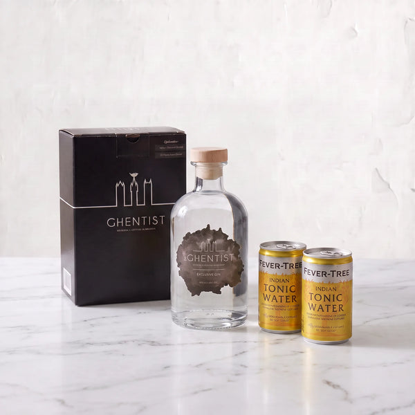 The Ghentist Gin-Tonic Box: zwarte geschenkdoos met 50cl The Ghentist gin en twee blikjes Fever-Tree Indian Tonic