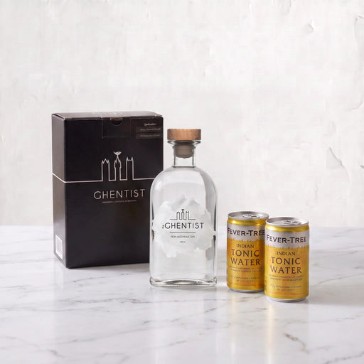 The Ghentist Non-Alcoholic Gin & Tonic Box: black gift box with 50cl The Ghentist Non-Alcoholic Gin and two cans of Fever-Tree Indian Tonic